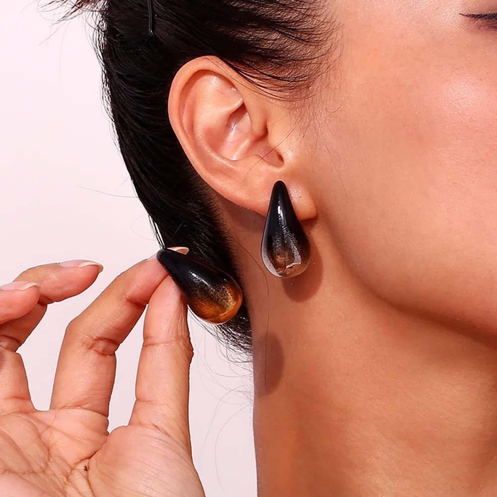 ◾️18k Gold Plated Silver Black Color Chunky Dome Teardrop Earrings